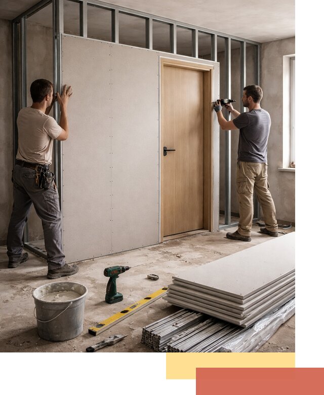 Перегородка из гипсокартона с дверью под ключ в Бийске