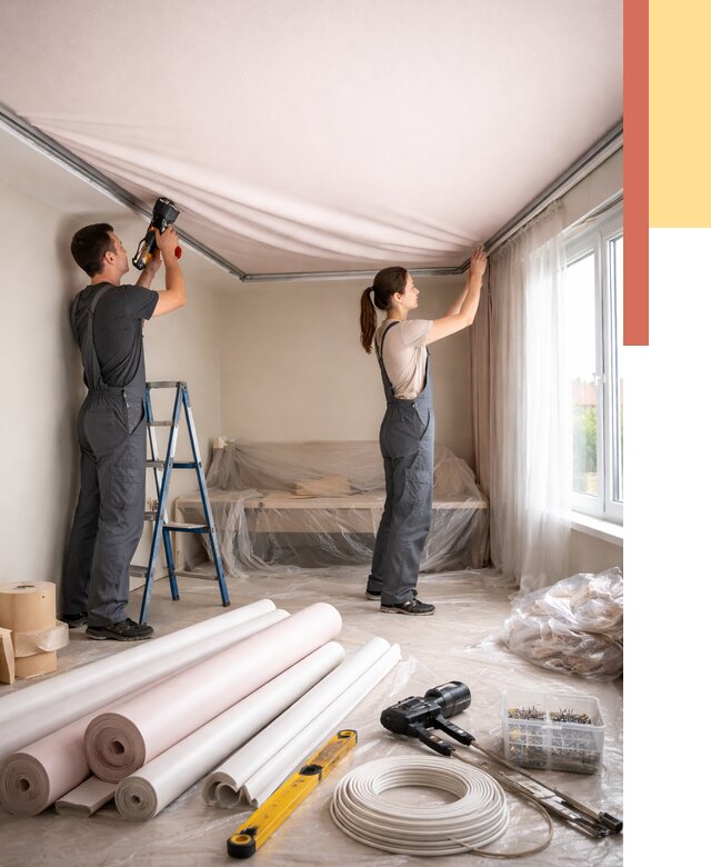 Монтаж цветного натяжного потолка в Бийске от 4363 руб/м² — быстро и недорого | ОТДЕЛОЧНИК-Бск