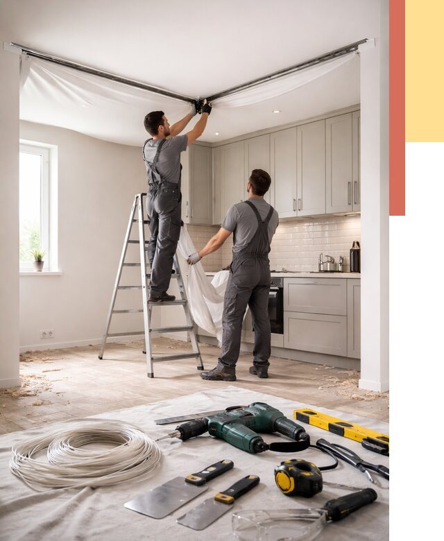 Установка натяжного потолка на кухне в Бийске от 2493 руб. | ОТДЕЛОЧНИК-Бск