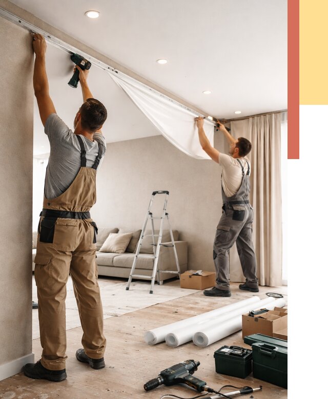 Монтаж натяжного потолка в гостиной в Бийске от 571 руб. | ОТДЕЛОЧНИК-Бск