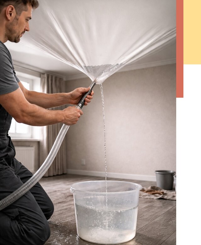 Слив воды с натяжного потолка в Бийске от 2597 руб. быстро и недорого | ОТДЕЛОЧНИК-Бск