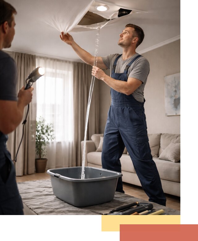 Слив воды с натяжного потолка в Бийске быстро и аккуратно