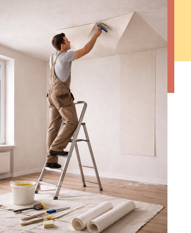 Поклейка обоев на потолок в Бийске от 4674 руб. быстро и недорого | ОТДЕЛОЧНИК-Бск